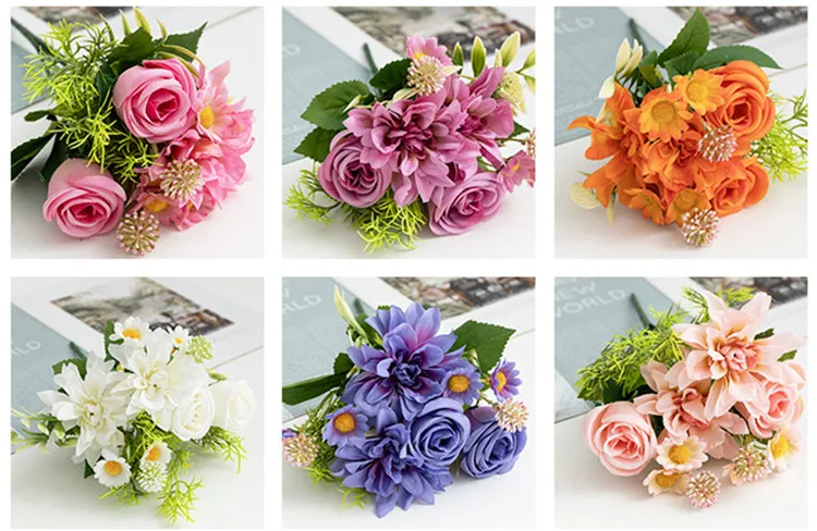 Artificial 7 Branches Rose Bouquet for Home Decoration Wedding Floral Arrangement Centerpiece Wholesale Silk Flowers Bouquet