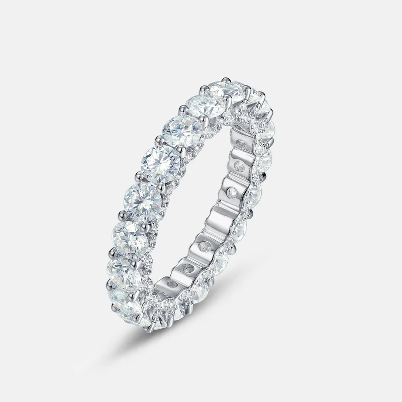 Kacy Gra Bridal Custom 925 Silver 4mm Round Cut Ice Out  Moissanite Engagement Eternity Band Ring For Wedding