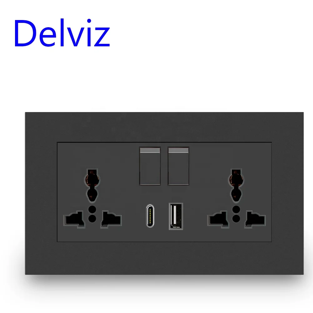 Delviz 13A Международная универсальная двойная розетка, управление переключателем, выход интерфейса 5 в 2100 мА, 2 А USB порт Тип C настенная розетка