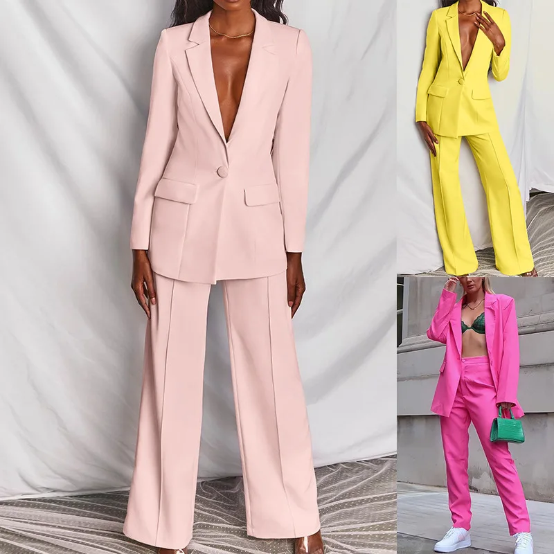 Fashion Women Office Coats Blazer Yellow/Pink Elegant Ladies Celebrity Evening Runway Party Pants Suits
