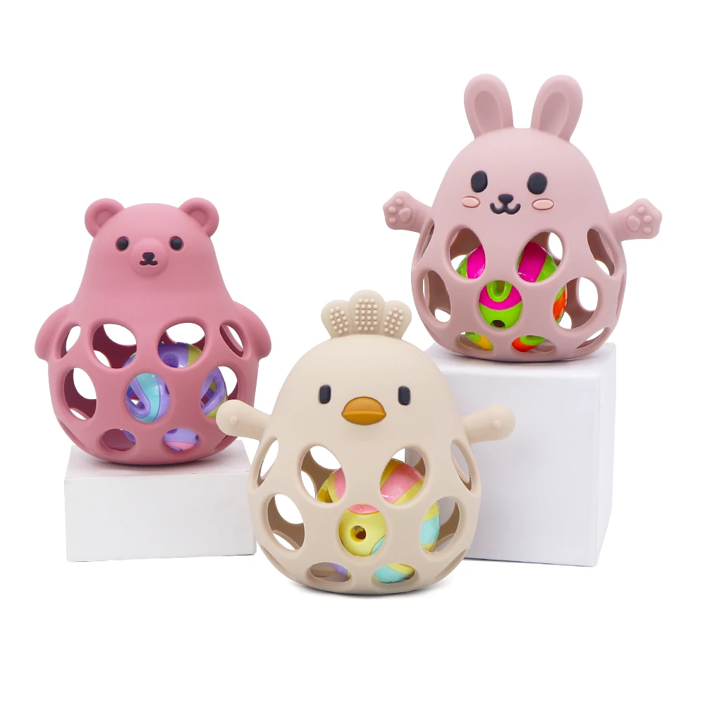 Custom Kids Sensory Teether Rattle Animal Chick Teething Baby Toy BPA Free Silicone Teether For Babies