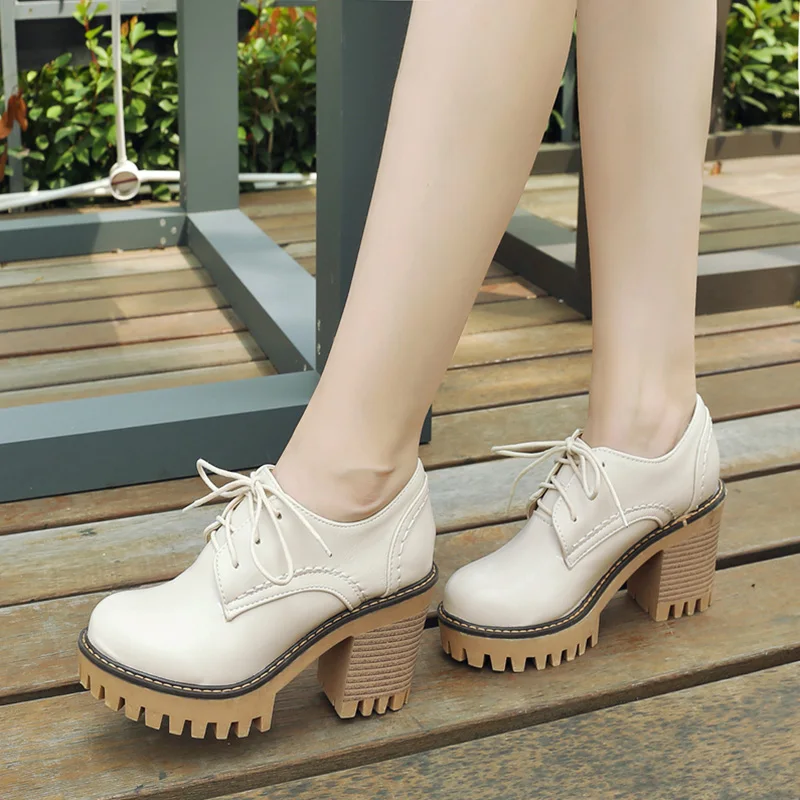 Women Pumps High Heels British Oxford Shoes Woman Lace-up Casual Platform PU Leather Heelded Shoes