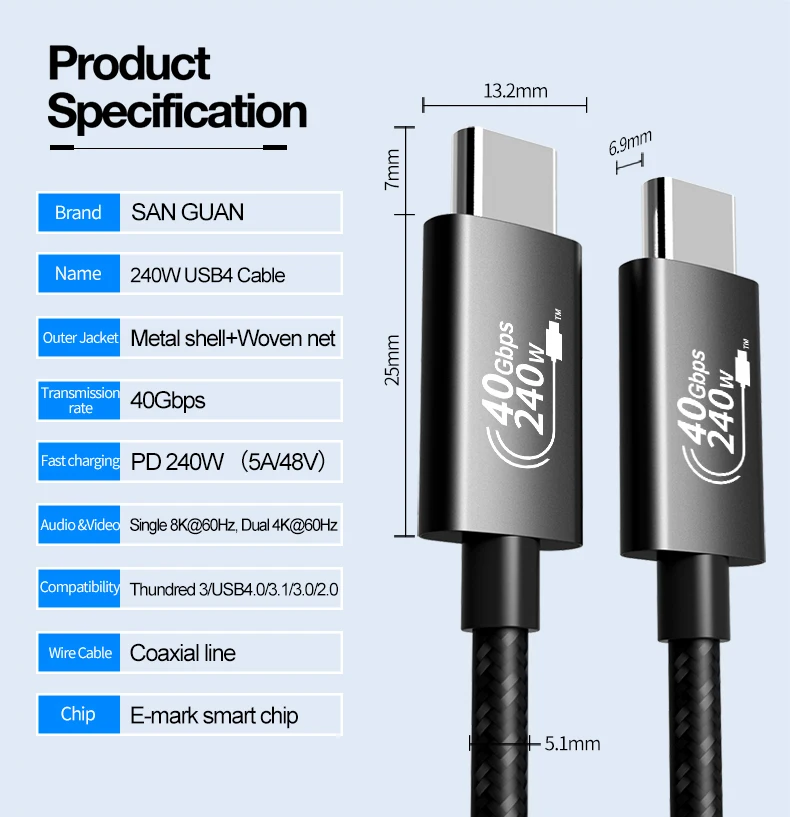 PD240W USB4 Gen3 Cable USB C to Type C Cable 40Gbps Fast Charging Data Kabel Compatible for Thunderbolt 4 for Phone Displays