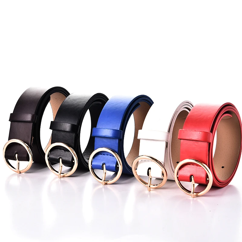 USA Amazon Hot Sale Solid Color Hot Sale Women circle O Ring Buckle Fashion Gold Wide Leather Women Waist suede Belts PU Jeans