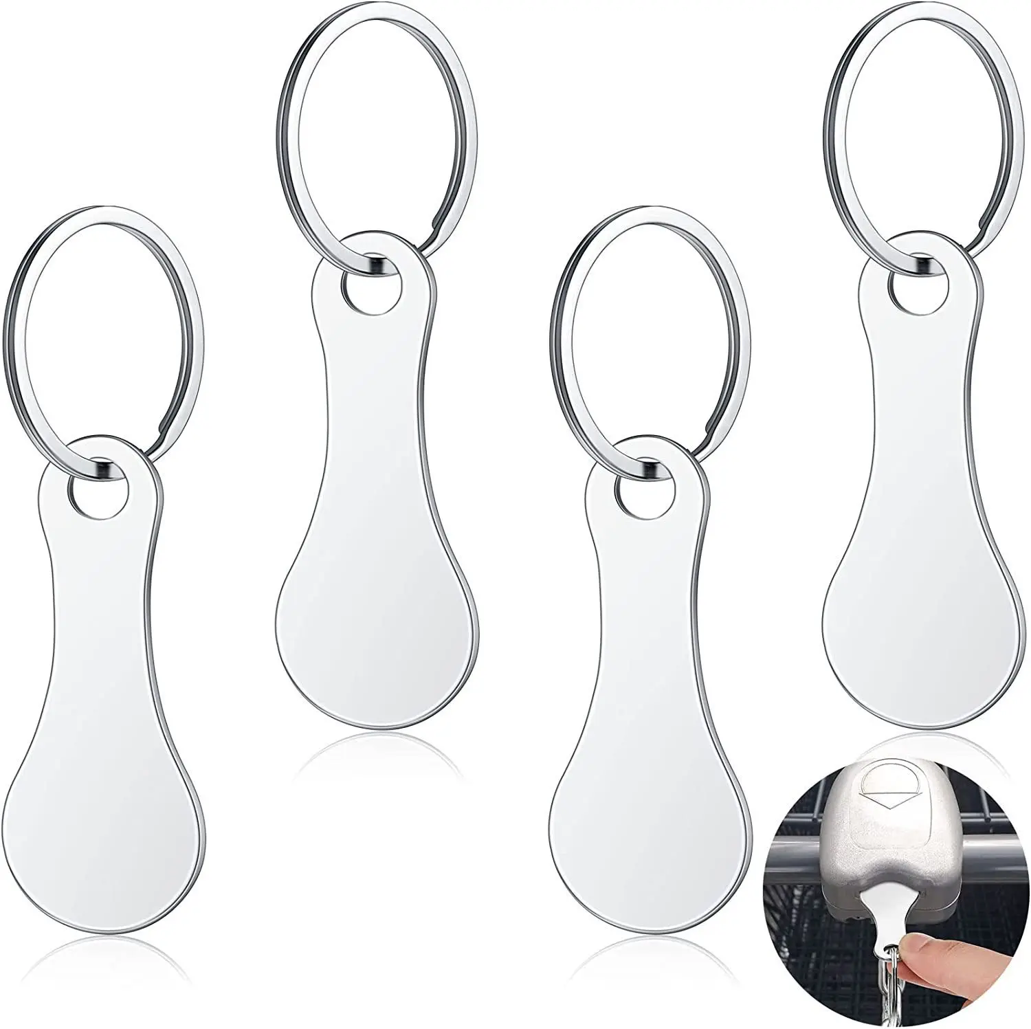 Customized logo blank euro shopping cart trolley coin holder keychain stainless steel flat supermarket cart opener keychains