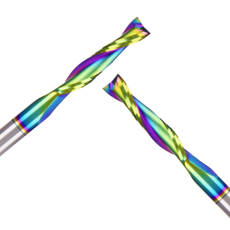 China Factory CNC Router Bit Two Flutes Spiral End Mill Cutters Up Cut Down Cut Milling Cutter with DLC Rainbow Coating
