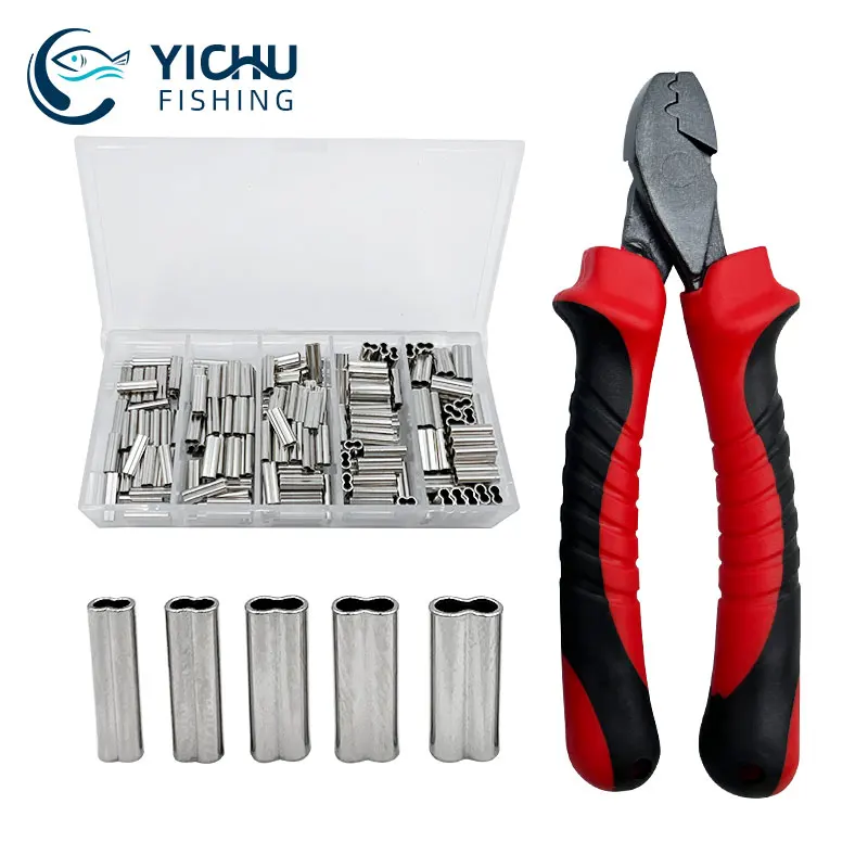 Fishing Pliers Crimp Sleeves Kit Saltwater Fishing Pliers Single/Double Barrel Copper Wire Crimping Sleeve Fishing Set