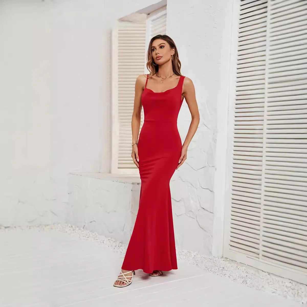 Stock new 2024 Europe and the United States summer fashion sexy dew backpack hip temperament halter dress