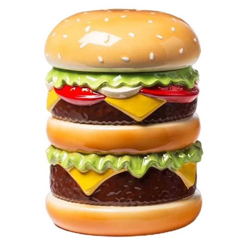 Custom handmade kitchen decor centrepiece hamburger burger shape storage canister porcelain chessburger cookie jar