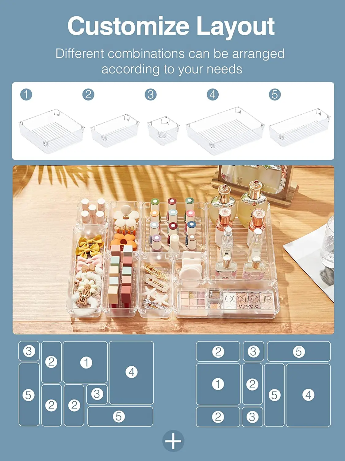 Desk Drawer Organizer Trays Set for Cutlery Makeup Tools Hot Sale Multi-purpose Plastic Storage Boxes Bins Acrylic Clear