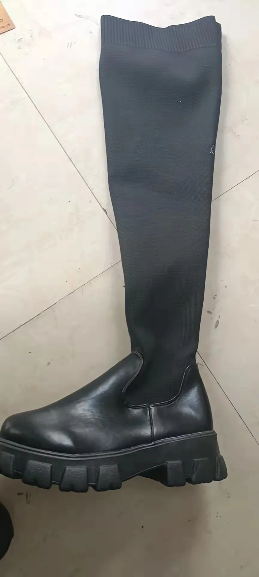 Latest popular white leather knit platform boots knee boots women long boots