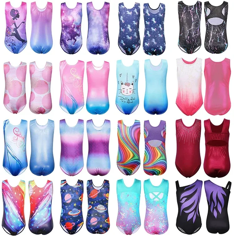 Wholesale girls dance performance wear sublimation mystique kids sleeveless gymnastics leotards