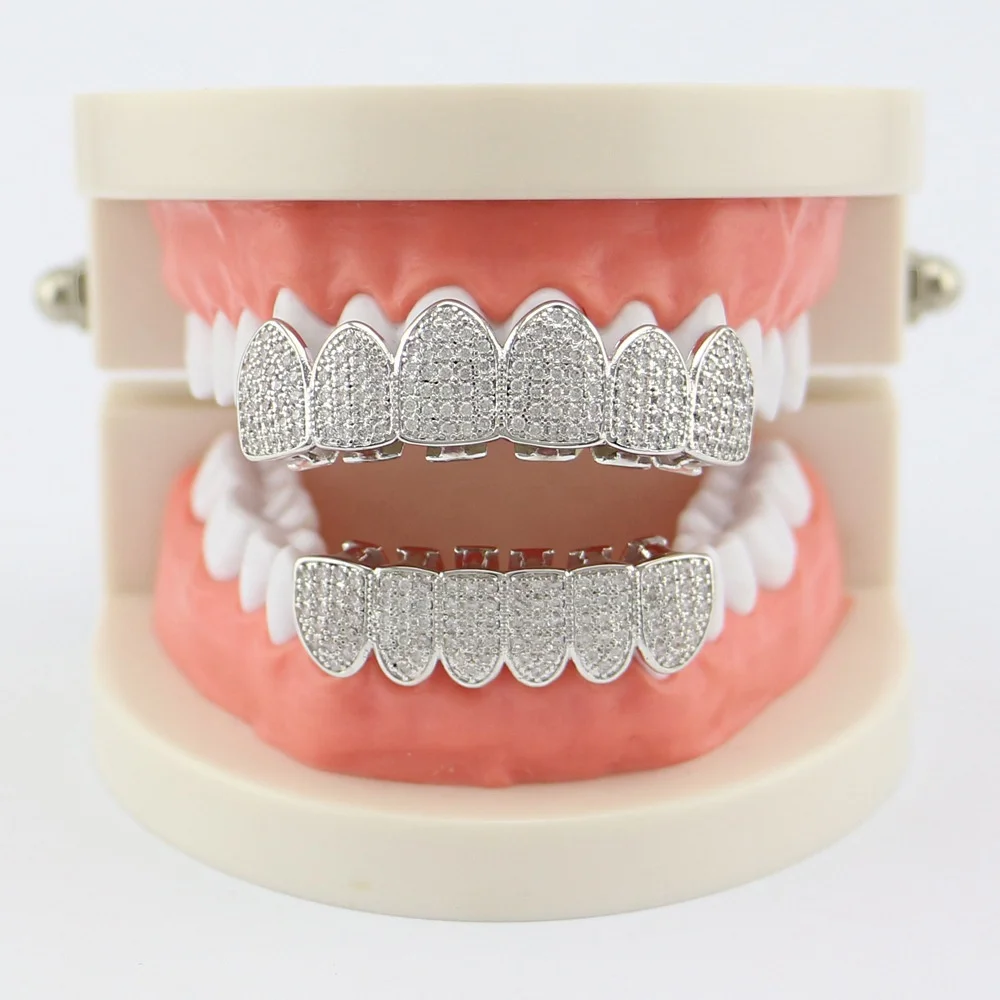 18k New Wholesale Men Hip Hop Jewelry Gold Teeth Grillz Top & Bottom Iced Out Grilz Custom Dental Grills