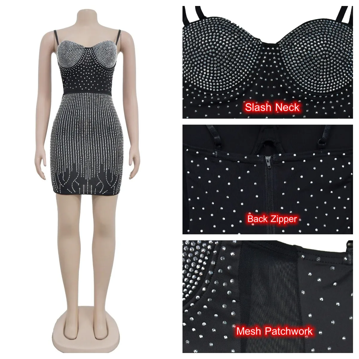 New Luxury Rhinestone Mini Dress Woman Sleeveless Mesh See Through Skiny Dress Female Summer Evening Pencil Dress