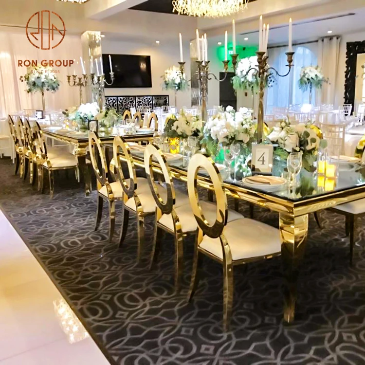 Rental Fancy Wedding Hotel Restaurant Furniture Luxury Round Golden Back Stainless Steel Gold Legs Banquet Chair for Decoration