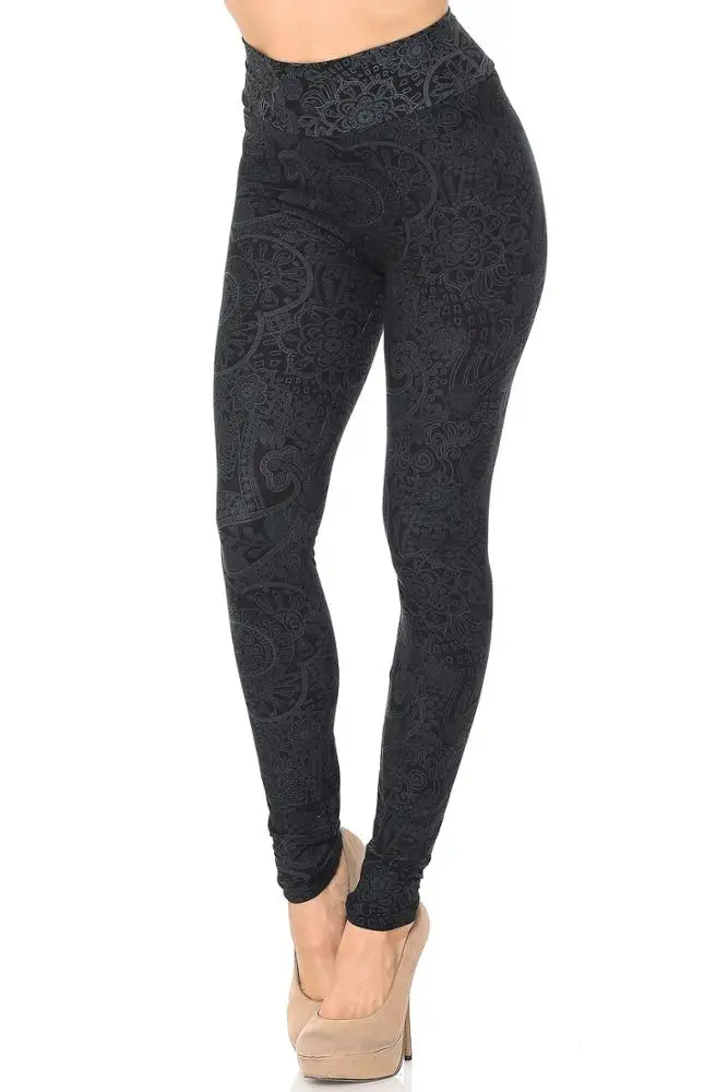 Wholesale High Waist Black Color Paisley Floral Prints Buttery Soft 92 Polyester 8 Spandex Fashion Leggings for Women