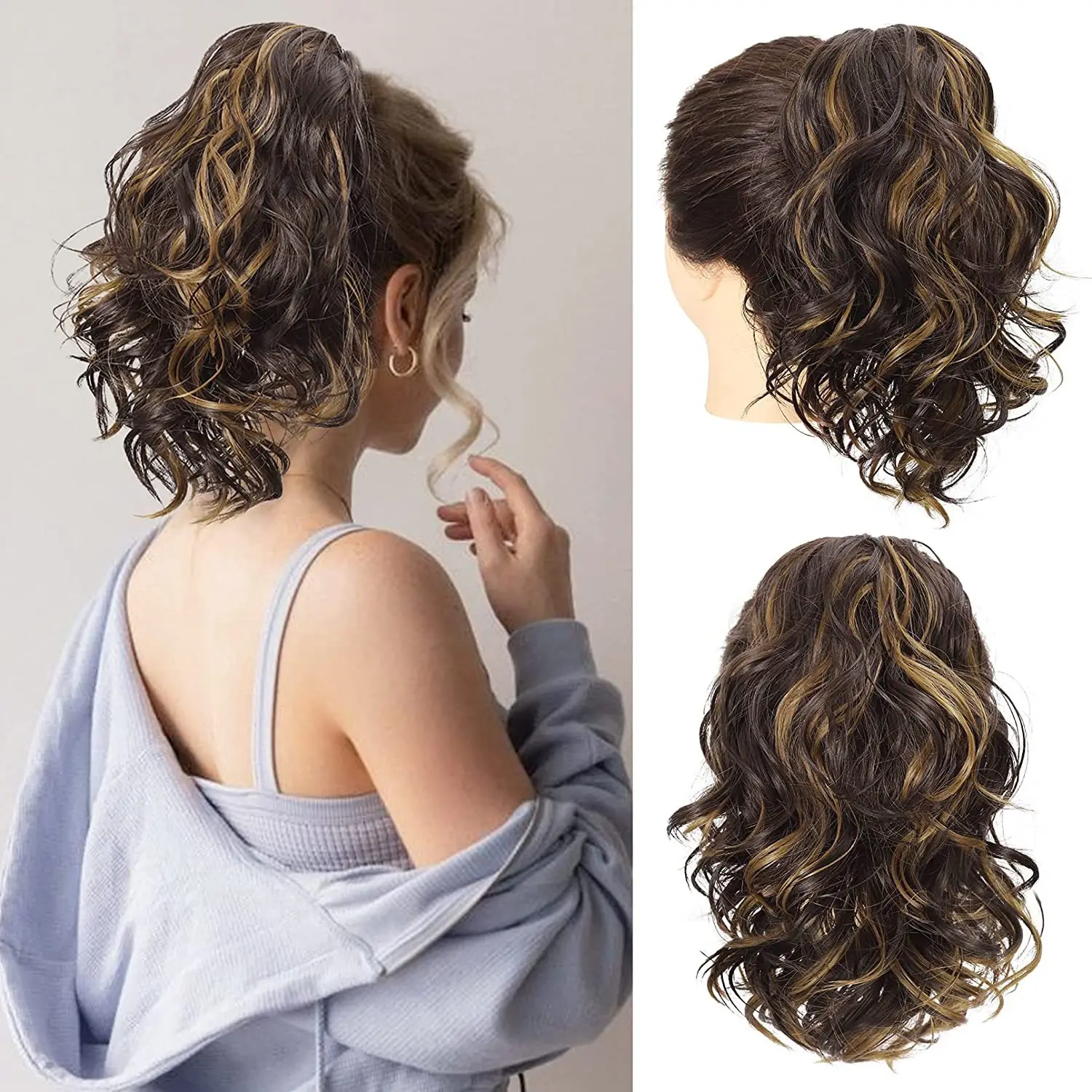 synthetic 12Inch Wavy Claw Clip On Ponytail Hair Extension Natural Looking Curly Short Pony Tail Hairpiece For Women