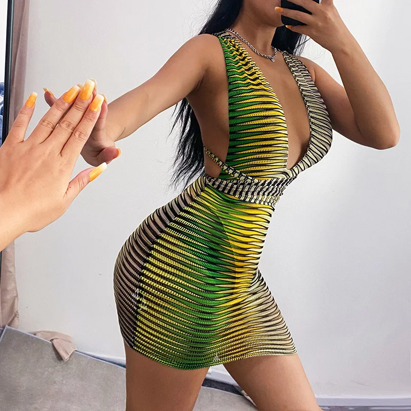 YIWU ZHUOYI High quality colorful striped slim sexy halter cross halterneck suspender short dress