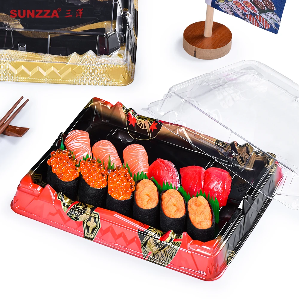 Sunzza new design bingchuantong red food grade take out to go food grade packaging rectangle disposable plastic sushi box