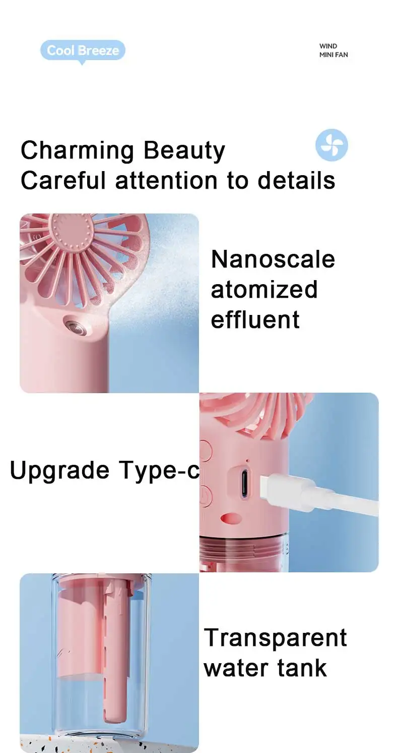 Hot Sale Hand Held Usb Rechargeable Water Portable Mist Fan With Spray