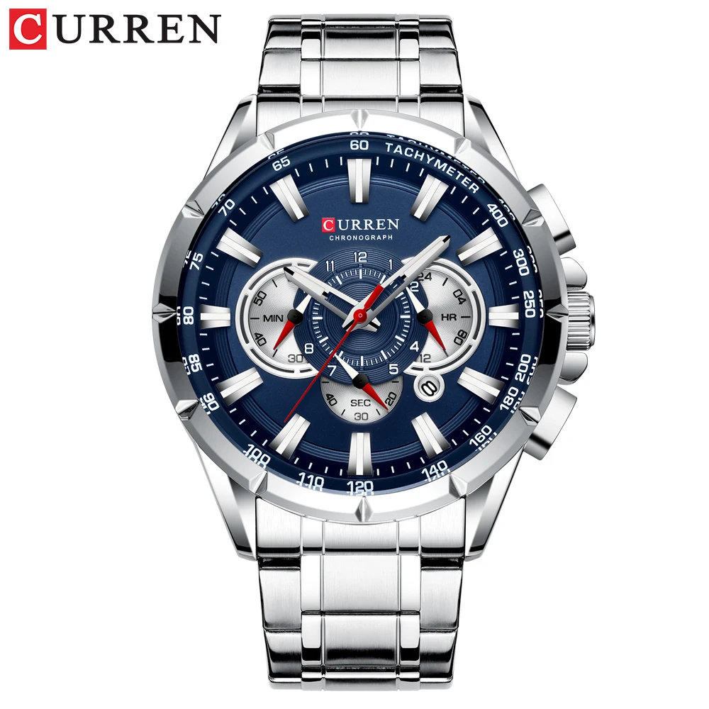 CURREN 8363 новый дизайн синие мужские часы хронограф из нержавеющей стали Кварцевые с поясом для человек 3atm водостойкие наручные