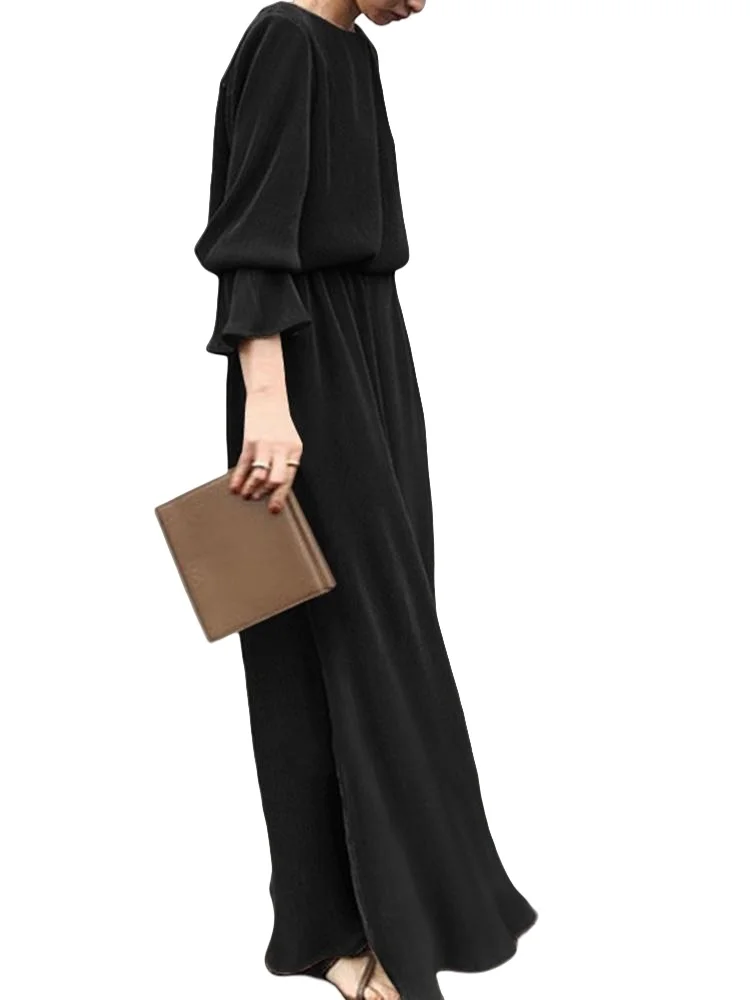 New Modest Satin Dress Vintage Style with belt flare Sleeve strips material Muslim Malaysia Indonesia Middle East cabaya