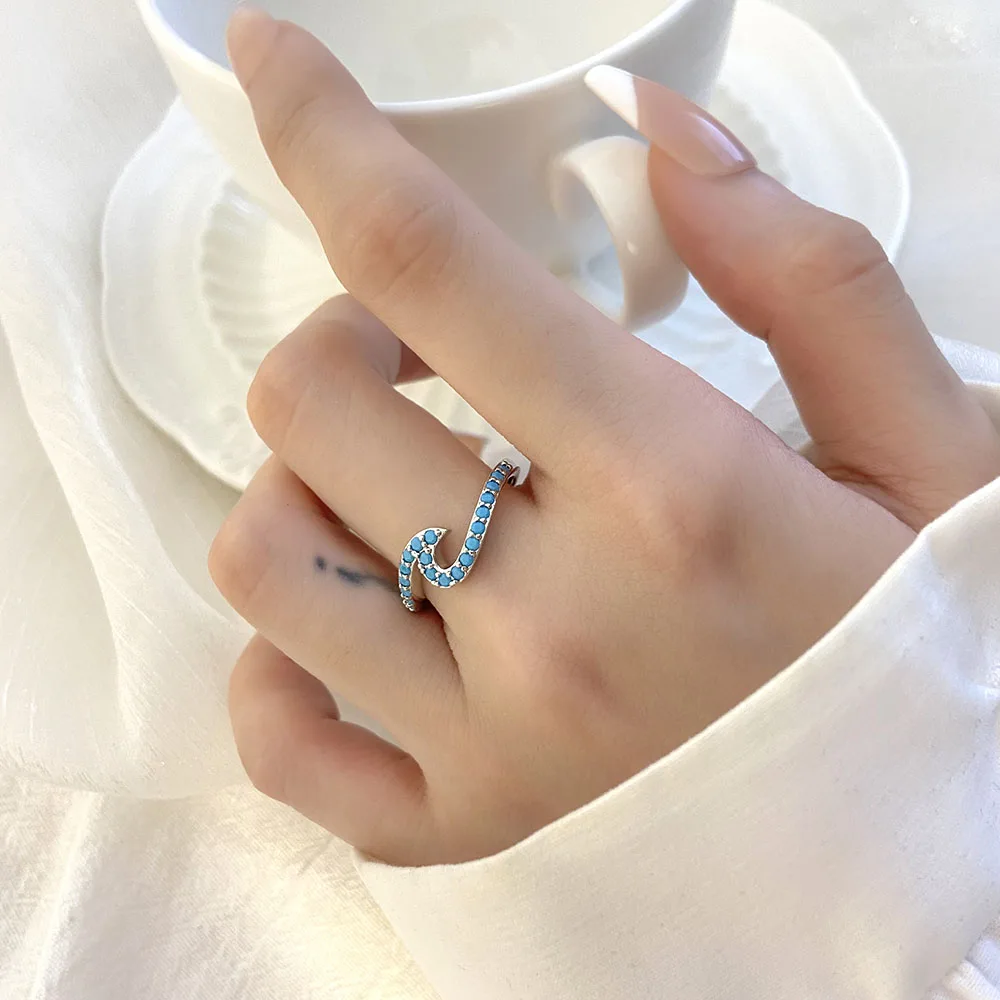 2024 Foxi Charming New styles waves Blue Color Turquoise Stone Female 925 Sterling Silver Ring Resizable finger Rings For Men