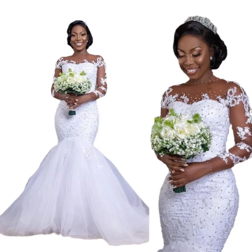 2024 African women Plus size illusion long sleeves lace fish tail mermaid robe Bridal Gowns wedding dresses