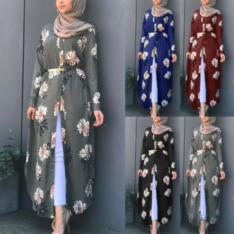1141 MuslmQLO Dubai Fashion women Muslim Floral Printing Long-sleeve Corset Casual Dress Islamic Ladies Flower Cardigan Abaya