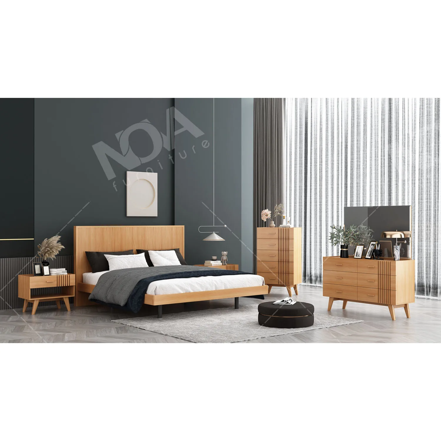 Wholesales Hotel European Bedroom Furniture 5 Pc Set Classic Modern Wooden Melamine King Size Complete Bedroom Set