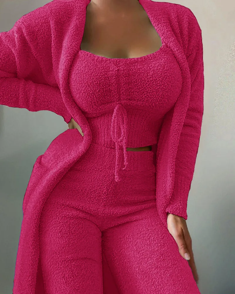 Autumn Winter Soft Fuzzy Solid Women Three Piece Set Fashion Outfits New Casual Plush Lace-up Vest+long Cardigan+trousers Suits