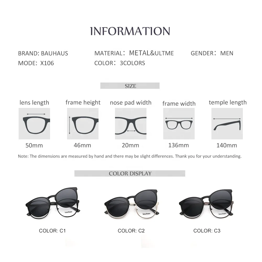 X106 Metal Round Optical Frame Magnetic Clip on Polarized Sun Glasses Sunglasses