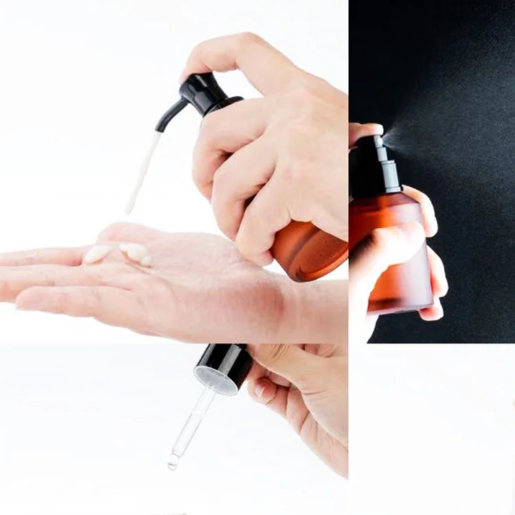 Cosmetic Serum 30ml 60ml Matte Black Green Dropper Bottle Slant Shoulder Glass Hair Essential Oil Bottle with Spray Pump