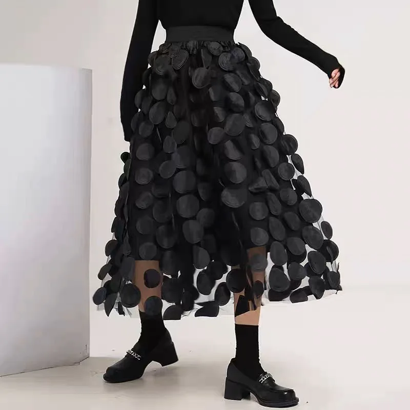 Vintage 3D Polka Dot Burn Out Fashion Super Big Hem Elegant High Waist Fitting Tulle Maxi Skirts For Women