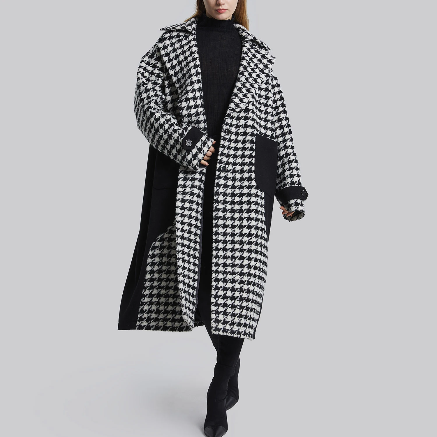 new design custom casual oversized long sleeve houndstooth fall trench coat for women