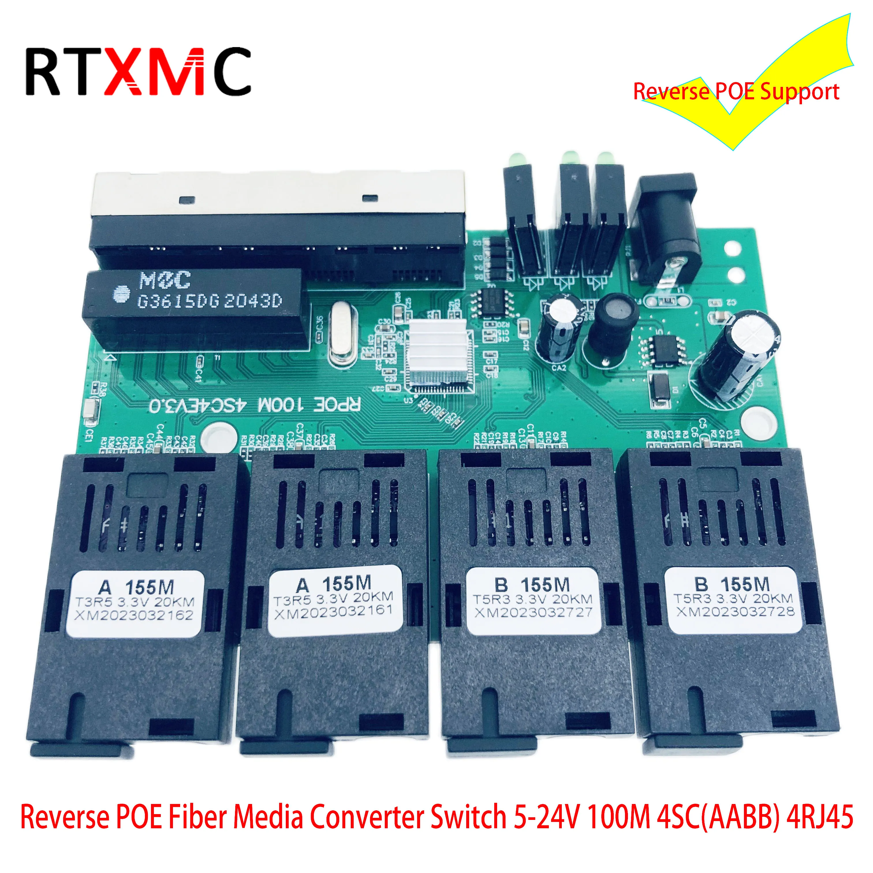 RTXMC 4fo 4lan 4F4E Reverse FAST Rpoe Switch Fiber Switch Optical 100M  Media Converter SF PCBA 4SC 4RJ45 155M RPOE FTTH  5-24V