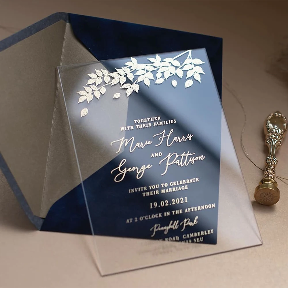 Luxury Custom Logo Design Unique Clear Acrylic Card Gold Foil Mirror Finish Wedding Invitations card With Envelope and Wax Seal