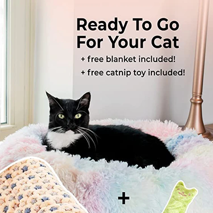 Marshmallow Cat Small Dog Bed Extra Fluffy Round Cat Bed with Non-Slip Bottom + Throw Blanket Calms Pets with Softness & Warmth