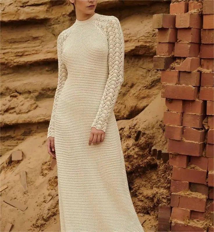 2024 Ladies Long Sleeve Hollow Out Handmade Party Wedding Dress Summer Elegant Maxi Beach Crochet Knitted Dresses Women