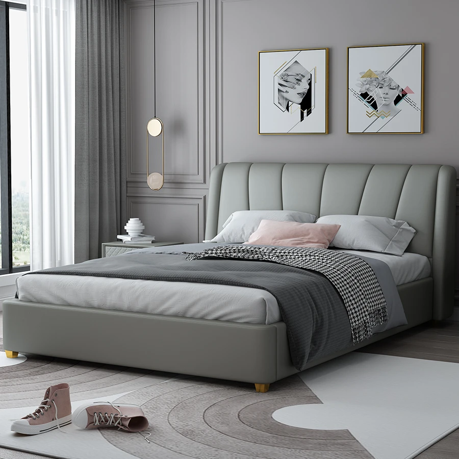 Cama De Italian Minimalist Modern Gas lift Storage Double Genuine Head boards Wooden