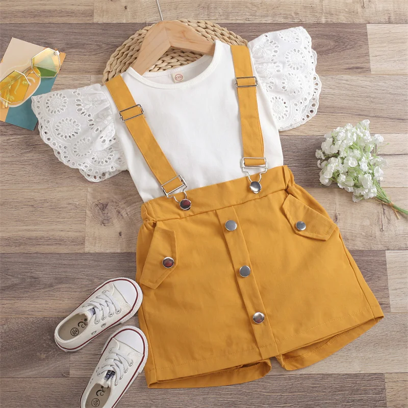 kids clothing summer wholesale baby girl lace butterfly sleeve tee and overall shorts kids clothing sets for girls children