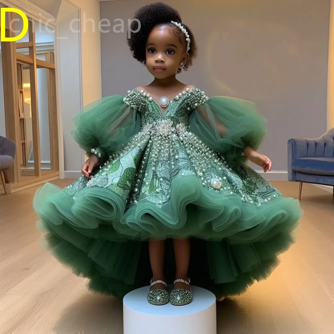 2024 Royal Green Printed Flower Girl Dresses Ball Gown Tulle Tiers Pearls Beaded Luxurious Little Girl Christmas Peageant dress