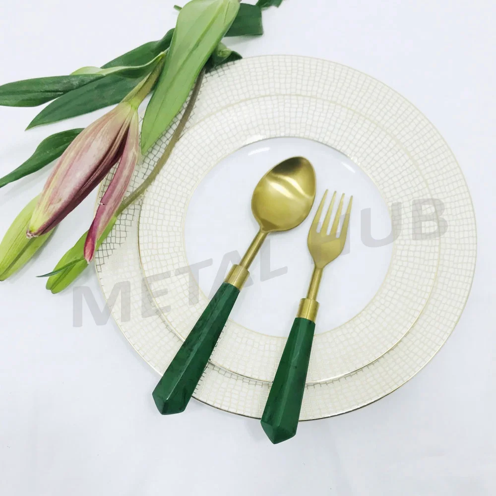 Stainless Steel Gold Flatware Set W/Green Handle S/5 & 7 Pcs. place setting, Flatware Set, Wedding Party Set