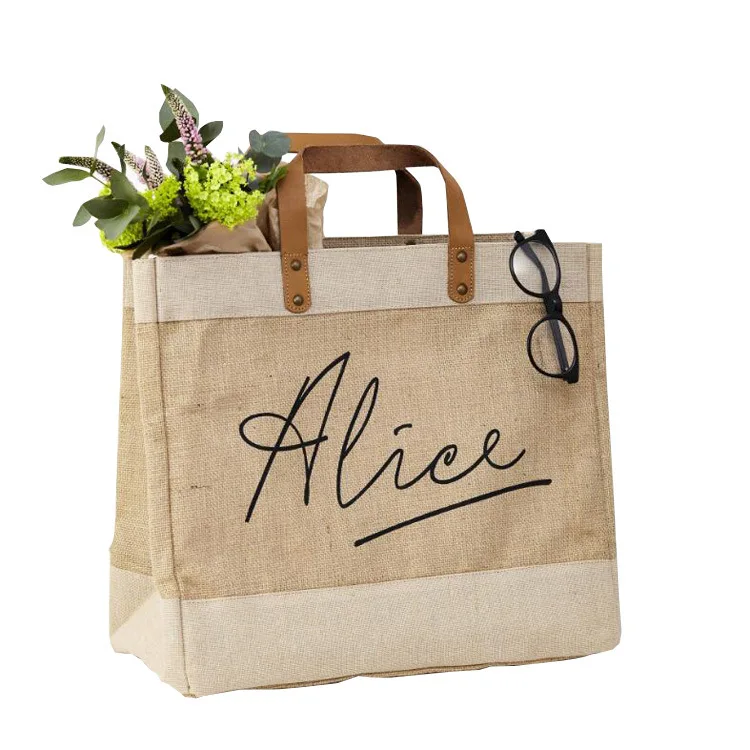 Natural Organizer Shopping Lunch Shoulder Handbag Woman Luxury Leather Handles Jute Hemp Tote Bag With Custom Logo
