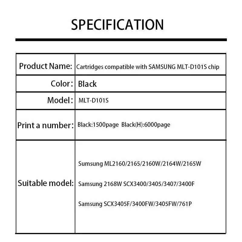 MLT-D101S Cartridges compatible with SAMSUNG chip for ML2160/2165/2160W/2164W/2165W/2168W SCX3400/3405/3407/3400F/ SCX3405F