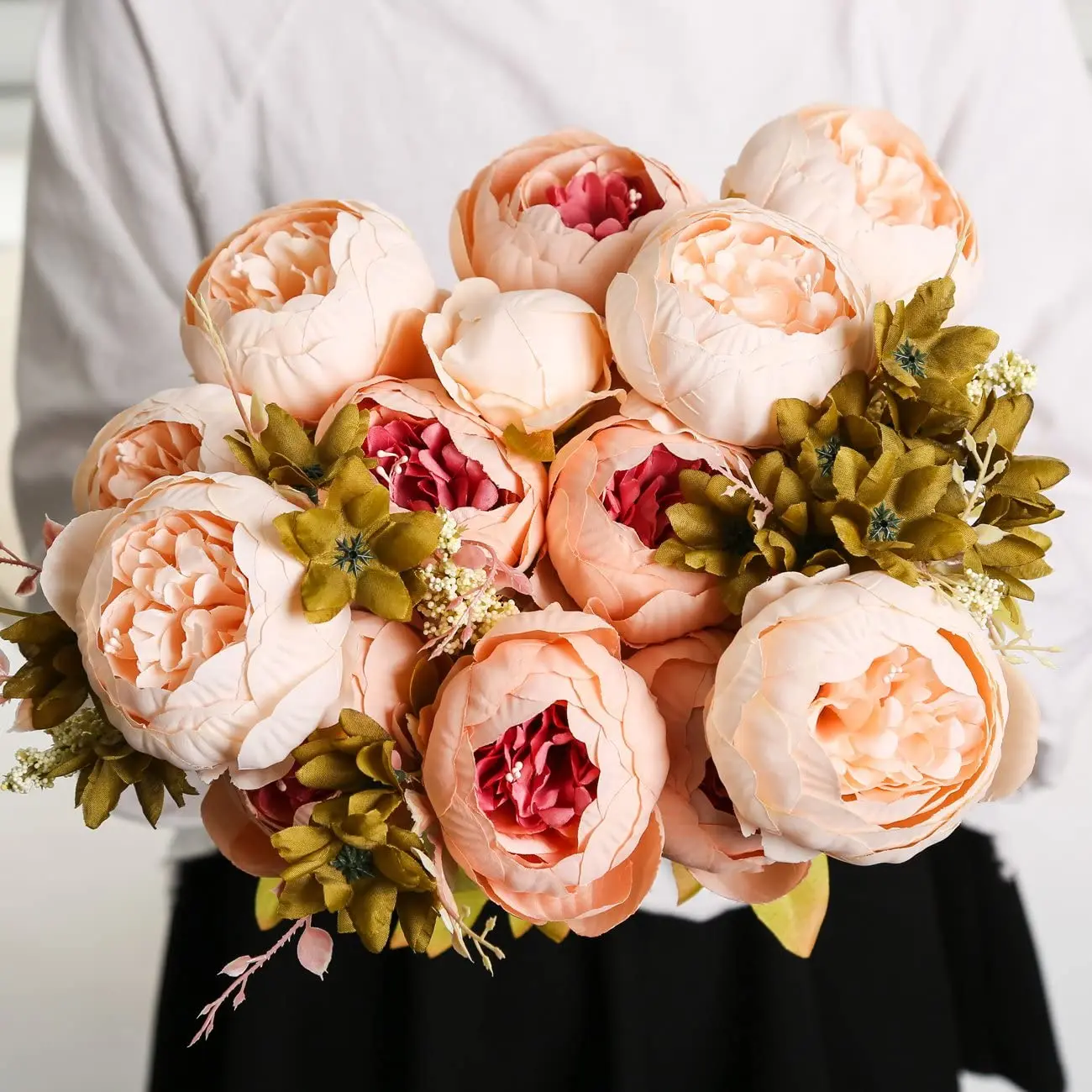 Hot Sale Wedding Decoration Blooming Peonies Hydrangeas Silk Artificial Bouquet 13 Stems 6 Heads Peony Flower