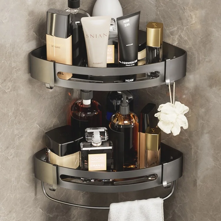 No Drilling  Bathroom Storage Holder Space aluminum Triangle Design Wall Mounted Wall Shelf Dual Bathroom Corner Shelf