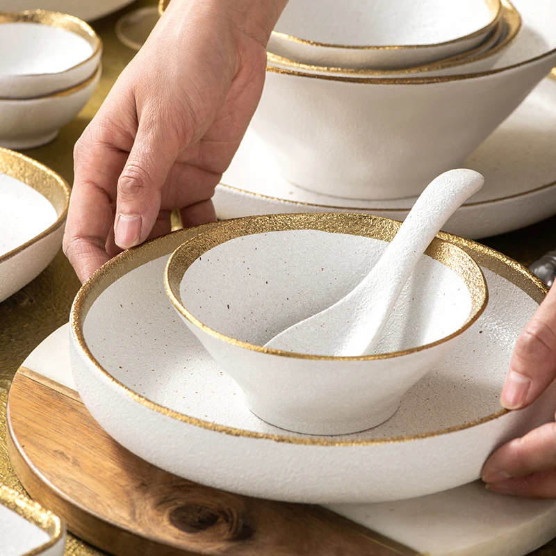 Hot sale Phnom Penh Fruit Salad Dessert Dishes White Breakfast Service Bowl Tray Sets Ceramic Plate with Gold Rim Tableware