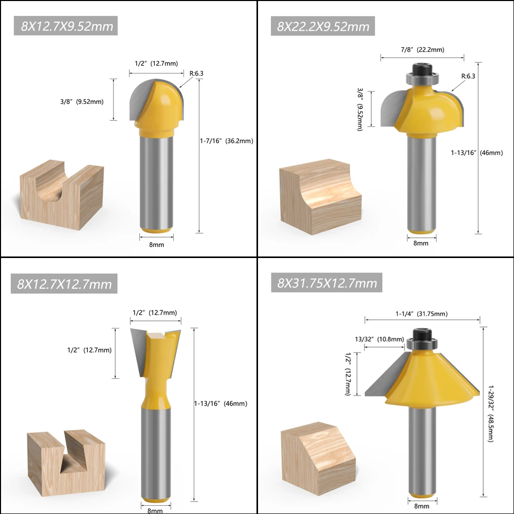 LAVIE 12pcs 6. 8.1/2.1/4 Shank Wood Packing  Router Bit Set Trimming Straight Milling Cutter For Wood Working Tungsten Carbide