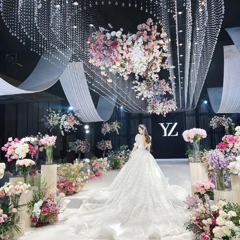 Wedding Hall Decoration Ceiling Hanging Decorative Crystal Bead Curtains Draping Glass Pendant Hanging Beads Curtain for Wedding